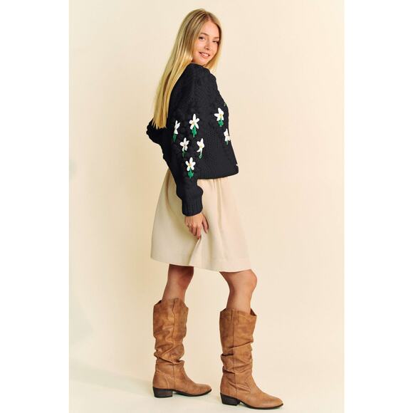 Davi & Dani Embellishments Floral Print Button Up Chunky Knit Cardigan | Black - Picture 7 of 9